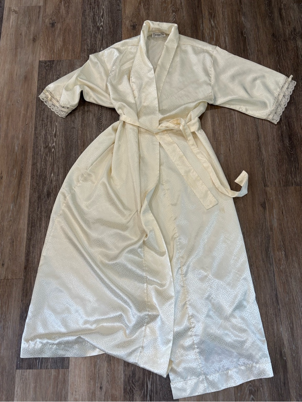 Vintage Christian Dior  Ivory Satin Robe with Lace Trim
